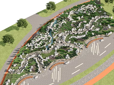 Scenic Park Landscape With Winding Path Stone Arrangement Green Plants Stream And Trees 3d model