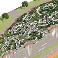 Scenic Park Landscape With Winding Path Stone Arrangement Green Plants Stream And Trees