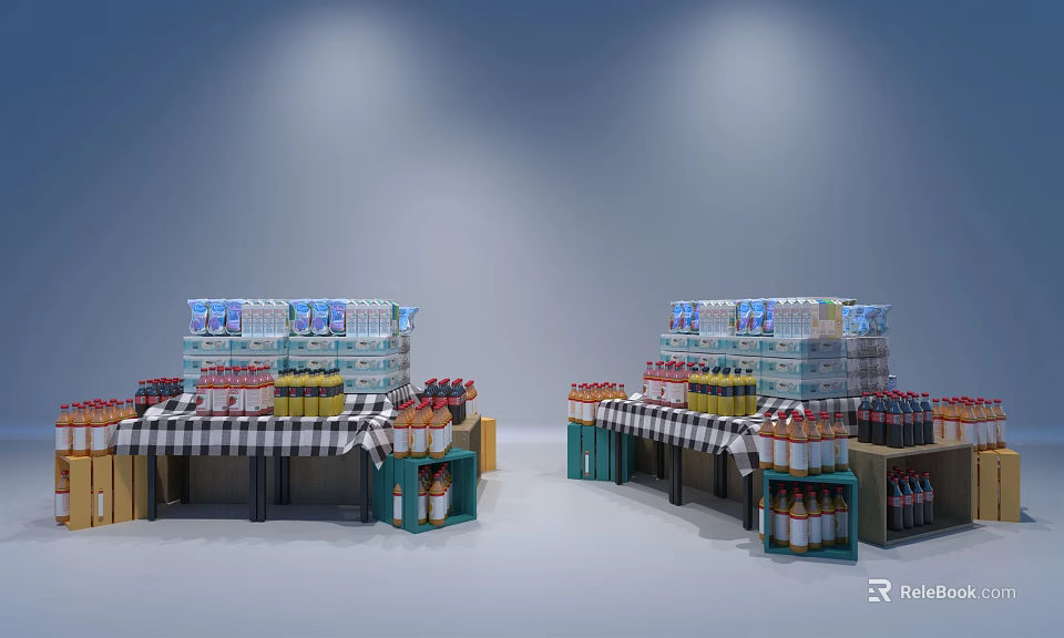 Commercial Display Equipment for Bottled Beverages with Checkered Tablecloth and Lighting 3d model