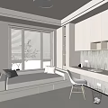 Modern Tatami Bedroom Interior with Window Blinds Bookshelf Desk and Chair