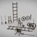 Rustic Wooden Farm Tools Collection Featuring Ladder Chairs Wheels Fork Shovel Planks And Bucket