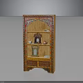 Wooden Cabinet With Open Shelves And Colorful Decorative Patterns Displaying Small Items