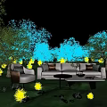 Natural Outdoor Scene With Lush Trees Green Grass Sofa Table And Blue Sky