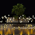 Numerous Decorative Outdoor Lights In Garden With Tree And Stone Floor Design