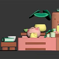 Pink Cartoon Animal Relaxing In Bathtub With Green Plant Yellow Candles Cup And Book