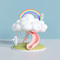 Colorful Kids Play Area With Rainbow Cloud Slide Ladder And Little Angels On Green Grass