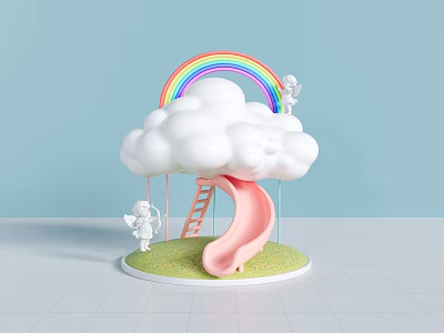 Colorful Kids Play Area With Rainbow Cloud Slide Ladder And Little Angels On Green Grass 3d model