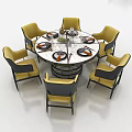 Modern Dining Table Set With Round Rectangular Tables Colorful Chairs Tableware And Green Plants 3d model