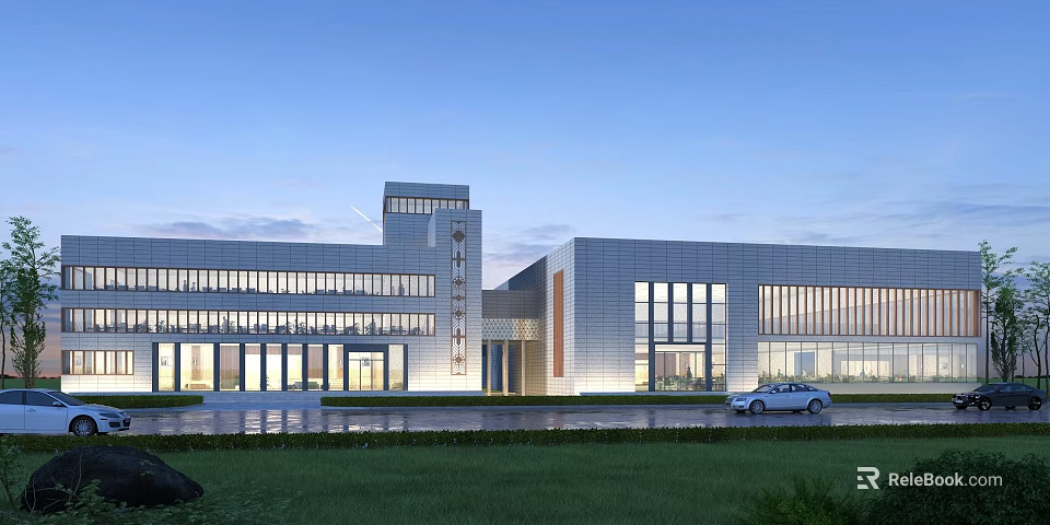 Modern Office Building Exterior With Glass Curtain Walls Lawn And Car 3d model 