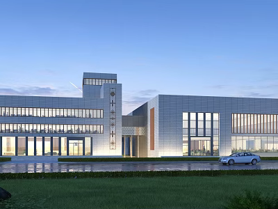 Modern Office Building Exterior With Glass Curtain Walls Lawn And Car 3d model