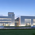 Modern Office Building Exterior With Glass Curtain Walls Lawn And Car