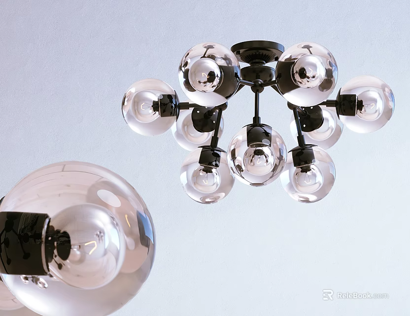 Modern Chandelier With Multiple Clear Glass Balls And Black Metal Frame 3d model 
