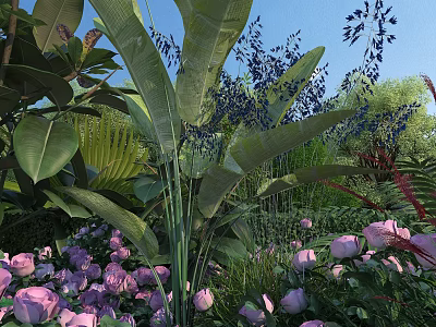 Lush Garden Landscape With Tropical Plants Large Green Leaves And Purple Flowers 3d model