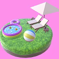 Outdoor Green Platform Setup With Lounge Chairs Umbrella Beach Ball Donut Float And Inflatable Pool