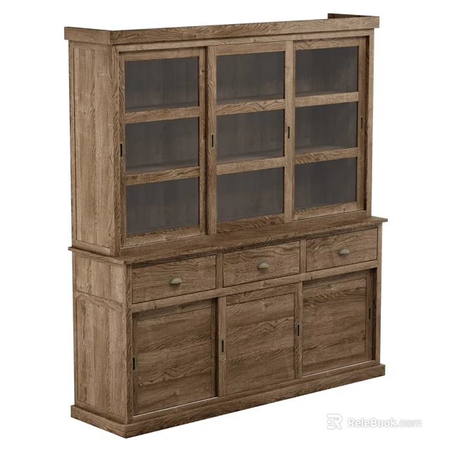 Rustic Oak Wooden Sideboard With Glass Panel Doors Drawers And Cabinet Doors 3d model 