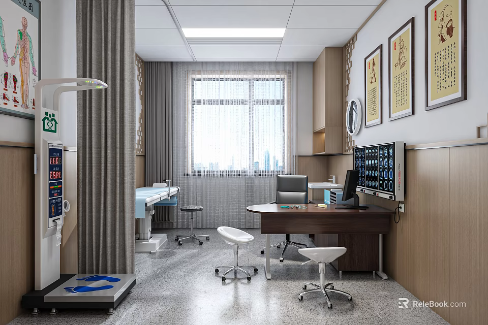 Medical Examination Room Interior With Medical Equipment Desk Chairs And Wall Paintings 3d model 