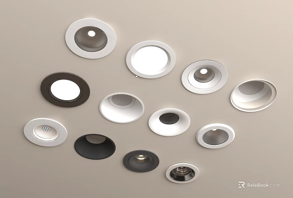Various Styles Of Downlights And Spotlights White Black Different Sizes Shapes On Light Colored Background 3d model 
