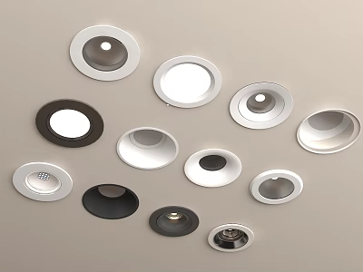 Various Styles Of Downlights And Spotlights White Black Different Sizes Shapes On Light Colored Background 3d model
