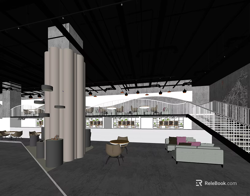 Modern Café Interior Design With Spiral Staircase Sofas Bookshelves And White Columns 3d model 