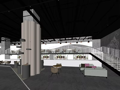 Modern Café Interior Design With Spiral Staircase Sofas Bookshelves And White Columns 3d model