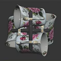 Decorative White Ceramic Mugs With Floral Patterns On Multi Tiered Metal Display Rack