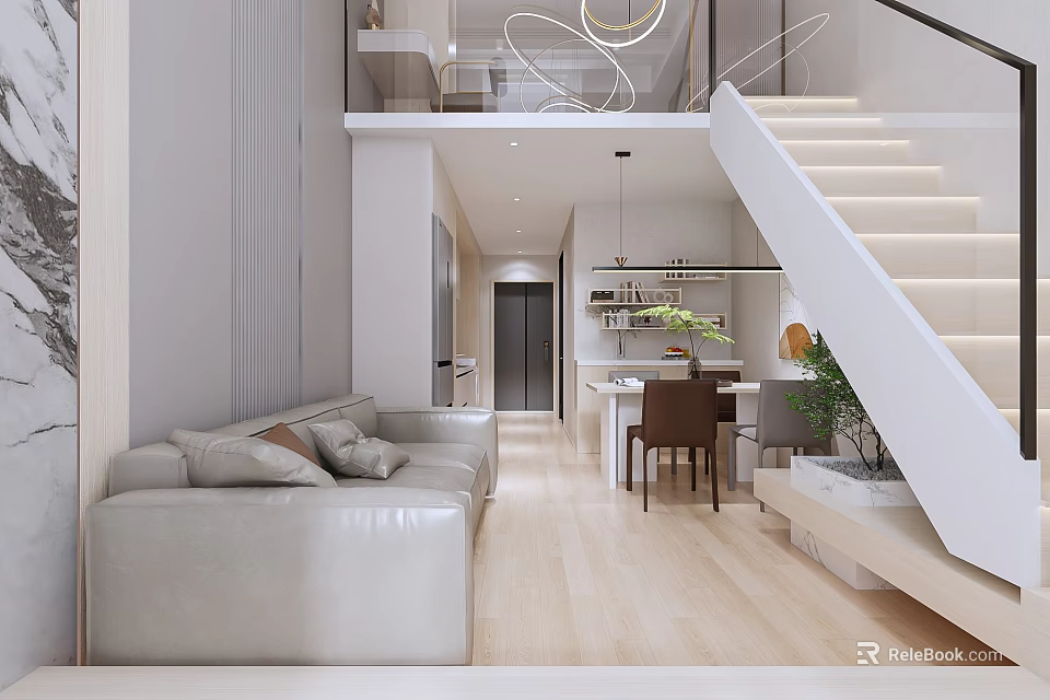 Elegant Modern Apartment Interior With Open Living Area Sofa Wooden Flooring And Staircase 3d model 