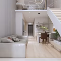 Elegant Modern Apartment Interior With Open Living Area Sofa Wooden Flooring And Staircase