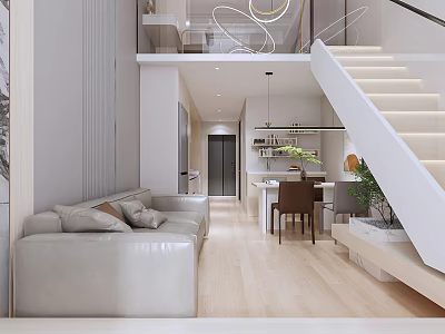Elegant Modern Apartment Interior With Open Living Area Sofa Wooden Flooring And Staircase 3d model