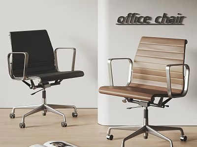 Modern Office Chair With Black Leather Brown Wooden Slat Metal Frame Armrests And Wheels 3d model