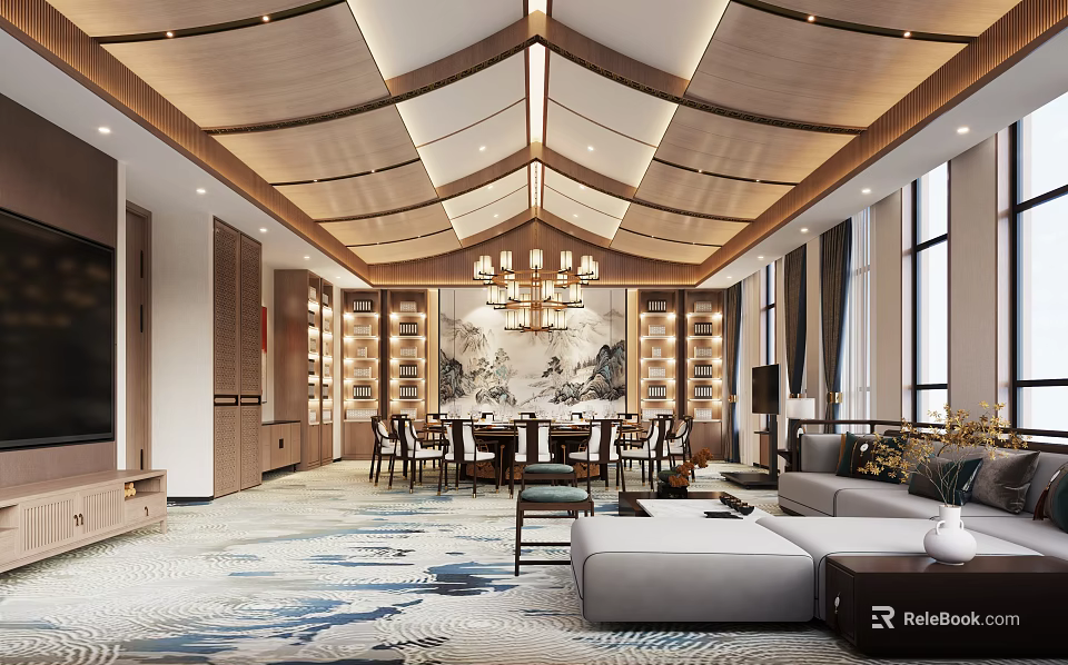 Chinese Style Private Room With Dining Table And Sofa 3d model