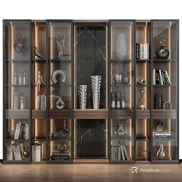 Modern Wooden Cabinet Shelf With Glass Doors Multi Tiered Storage For Decorative Items And Books 3d model 