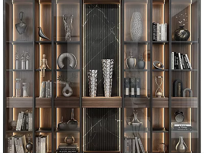 Modern Wooden Cabinet Shelf With Glass Doors Multi Tiered Storage For Decorative Items And Books 3d model