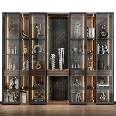 Modern Wooden Cabinet Shelf With Glass Doors Multi Tiered Storage For Decorative Items And Books 3d model