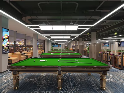 Billiard Room Interior Featuring Green Felt Tables Ceiling Lighting Comfortable Sofas And TV Screens 3d model