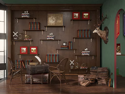 Vintage Style Study Room With Wooden Shelves And Antiques 3d model