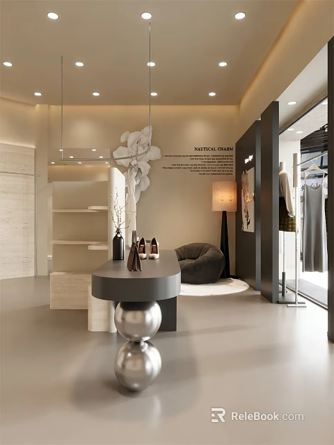 Modern Light Luxury Clothing Store Interior With Elegant Apparel Display And Cozy Lounge Space 3d model 