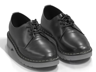 Black Leather Lace Up Shoes With Gray Rubber Soles And Stitched Edges For Casual Wear 3d model