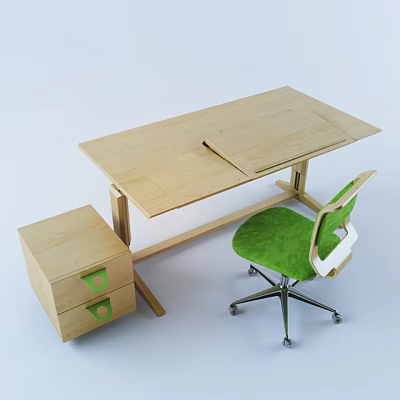 Wooden Home Office Desk With Green Handle Drawer Cabinet And Rolling Chair 3d model