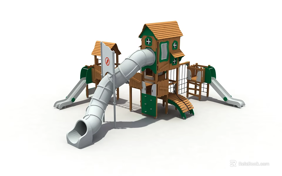 Children's Wooden Playground Structure With Slide Playhouse And Stairs 3d model 