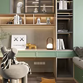 Tatami Bedroom Interior With Green Cabinets Bookshelves Window Curtains And Desk
