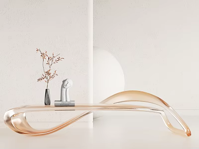 Golden Sleek Curved Public Chair With Decorative Sculpture Dried Flower Vase And Round White Object 3d model