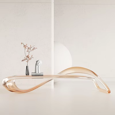 Golden Sleek Curved Public Chair With Decorative Sculpture Dried Flower Vase And Round White Object 3d model