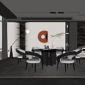 Elegant Modern Restaurant Interior With Dining Table Chairs Artwork Pendant Light And Foliage