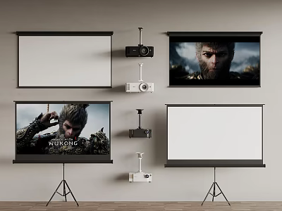Professional Projection Monitoring System with Multiple Screens Projectors on Tripod Stands and 3d model