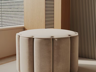 Modern Round Side Table Upholstered Beige Fabric With Button Details For Living Room Sofa Side 3d model