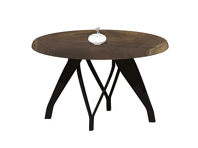 Stylish Round Side Table With Wooden Top And Crossed Black Metal Legs 3d model