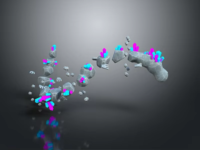 Gray Wooden Stone Objects Floating With Pink Blue Glowing Parts Fragments And Reflections 3d model