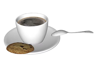 White Coffee Cup Filled with Black Coffee on Saucer with Chocolate Chip Cookie and Spoon 3d model