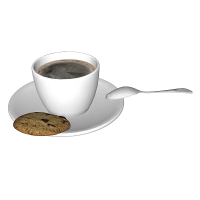 White Coffee Cup Filled with Black Coffee on Saucer with Chocolate Chip Cookie and Spoon 3d model