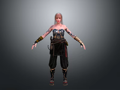 Pink Haired Female Character With Tattoos And Mythical Creature In Fantasy Outfit 3d model